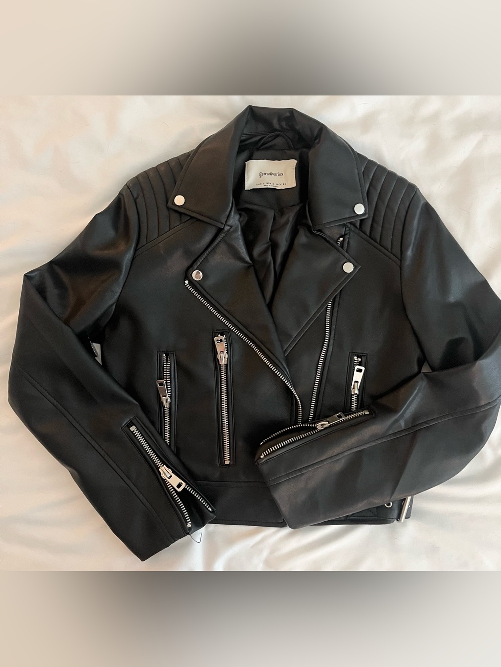 Stradivarius Black Faux Leather Moto Jacket with Quilted Shoulders